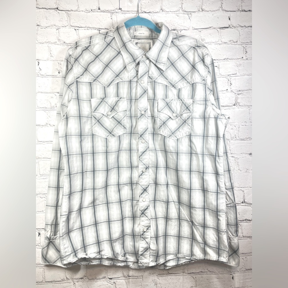BKE Shirt Mens XL Gray/Navy Plaid Slim Fit Pearl Snap Western Cowboy Ranch